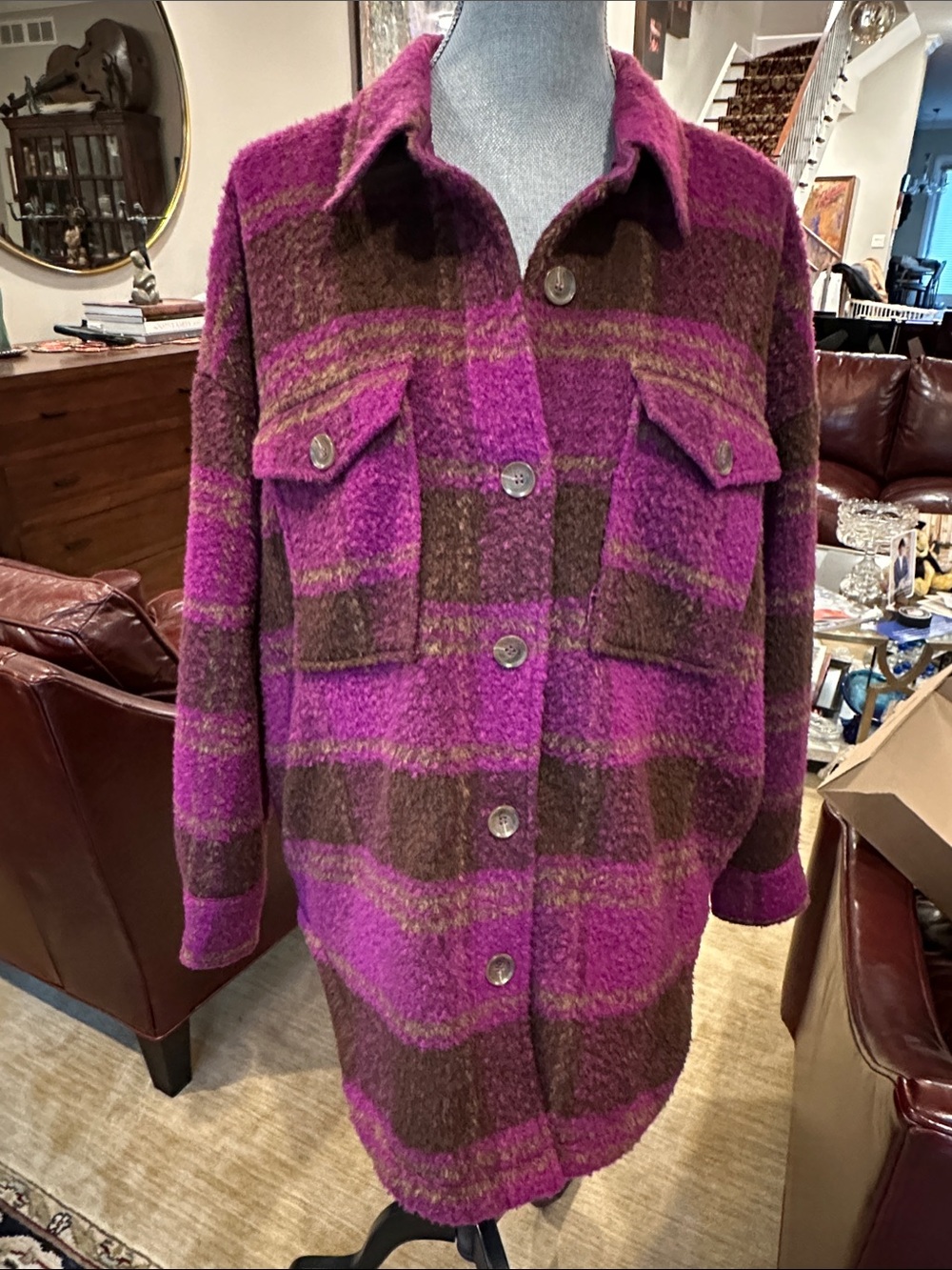 New Good American Purple and Brown Plaid Shacket M/L